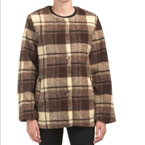 NEW Sanctuary Brown Plaid Snap Sherpa Teddy Coat S - Picture 2 of 10